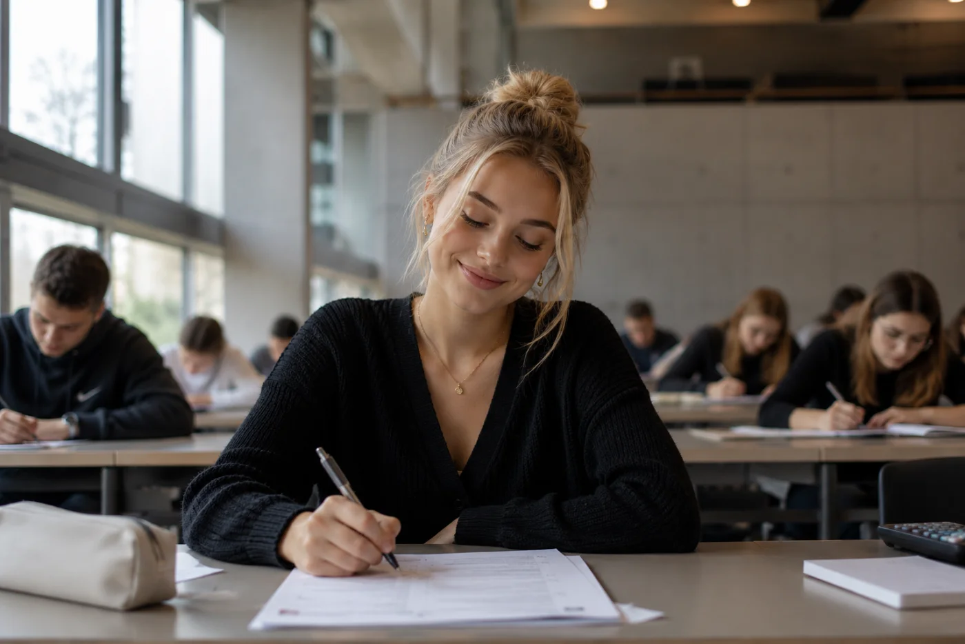 Studentin schreibt selbstbewusst eine Klausur